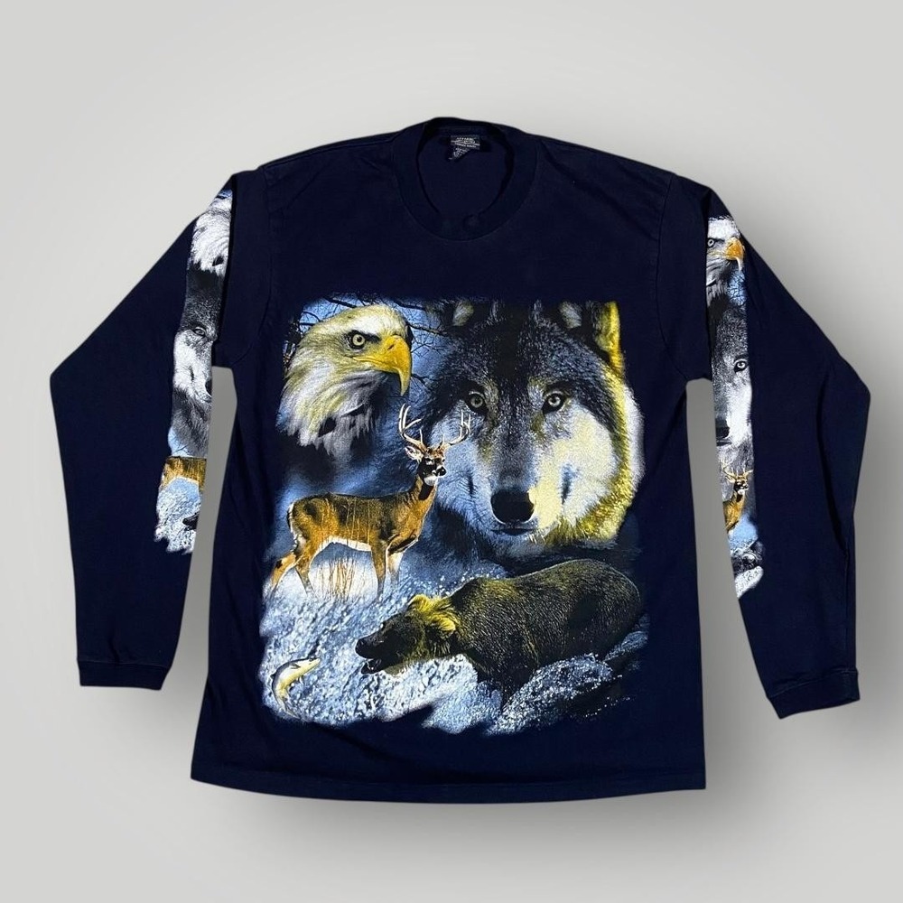 Choice Apparel Shirt Mens Medium Navy Long‎ Sleeve Wildlife Wolf Eagle Deer Bear